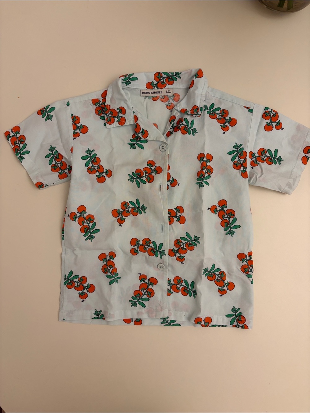 Bobo Choses White Short-Sleeve Button-Up Shirt with Orange & Green Fruit Print
